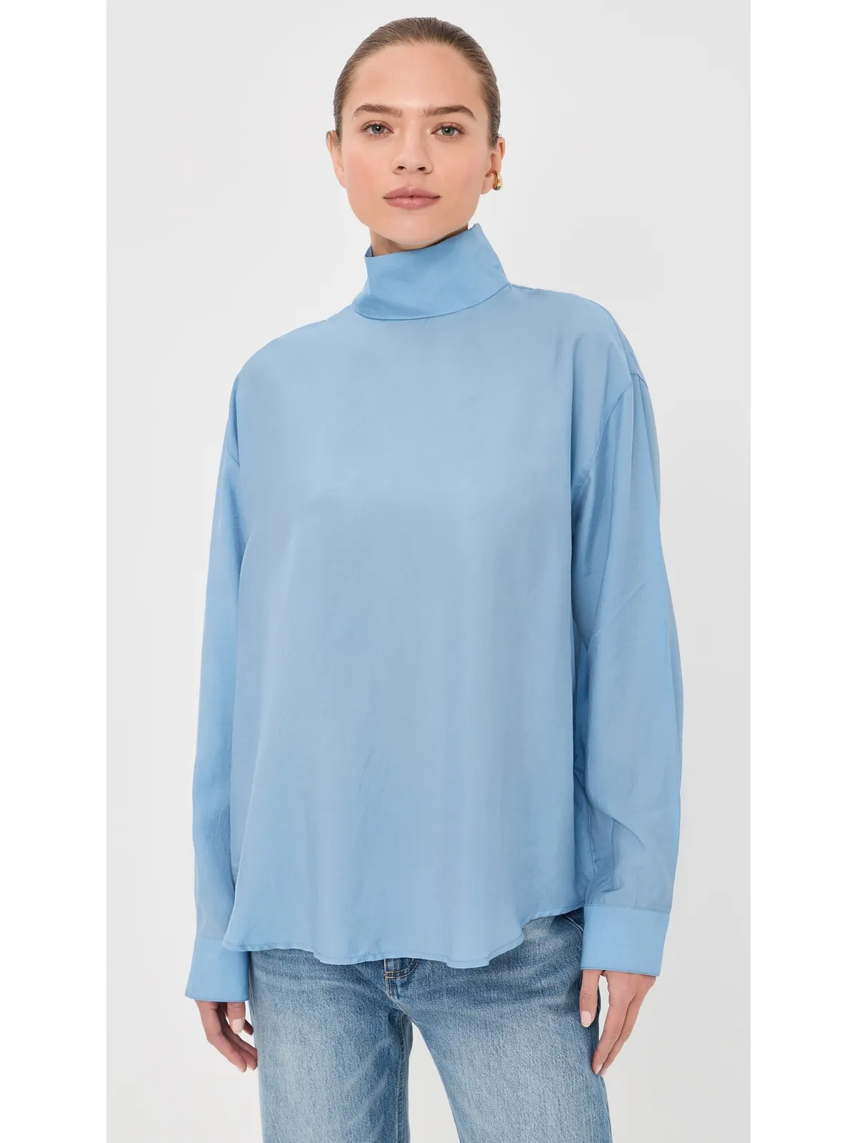 Tibi ウルトラライト・シルクテンセル フォンネルネック シャツ ブルー - 画像3