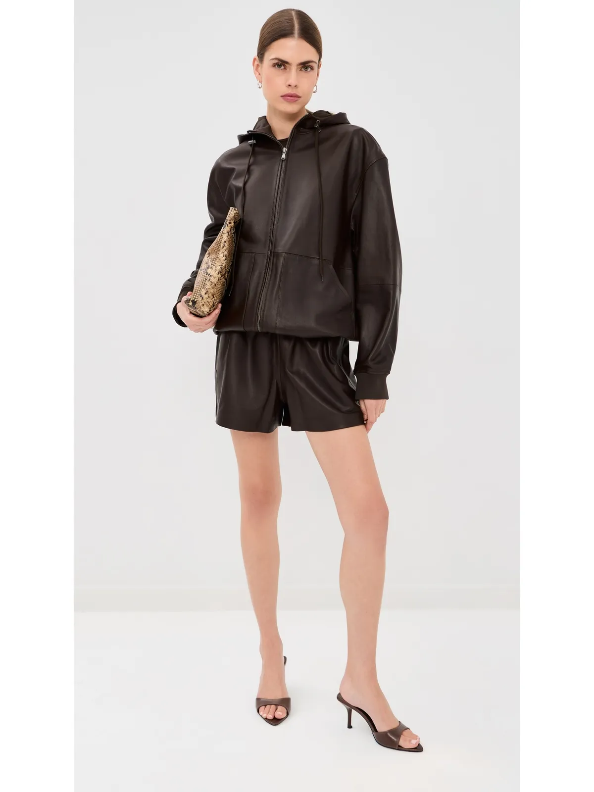 Tibi レザー ジップアップ フーディー ジャケット ブラウン - 画像5