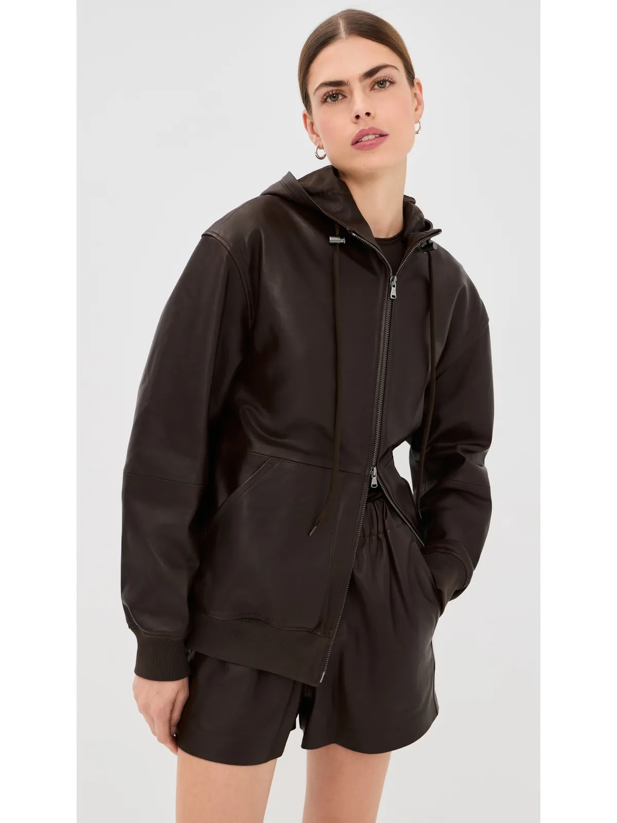 Tibi レザー ジップアップ フーディー ジャケット ブラウン - 画像2