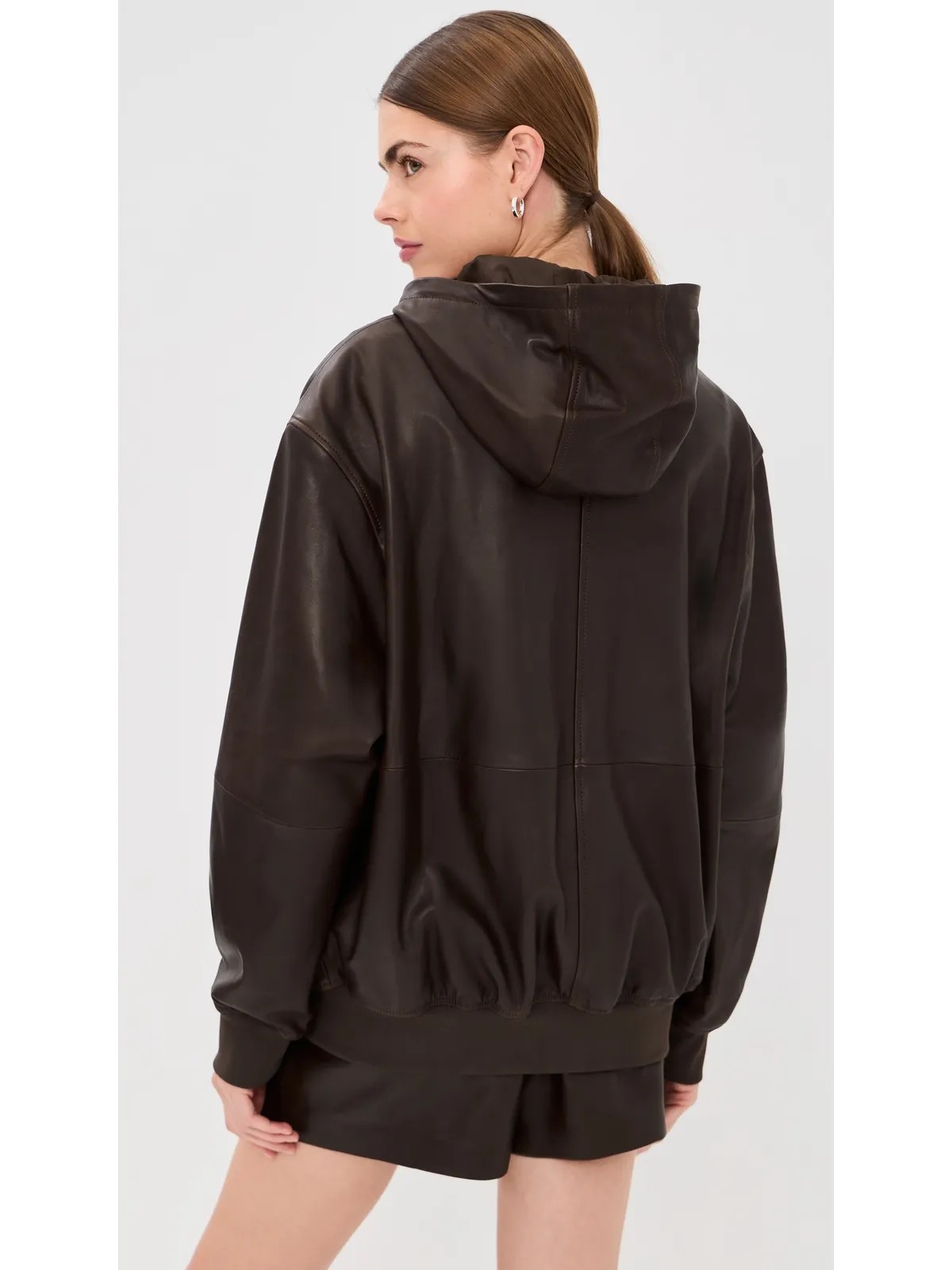 Tibi レザー ジップアップ フーディー ジャケット ブラウン - 画像3