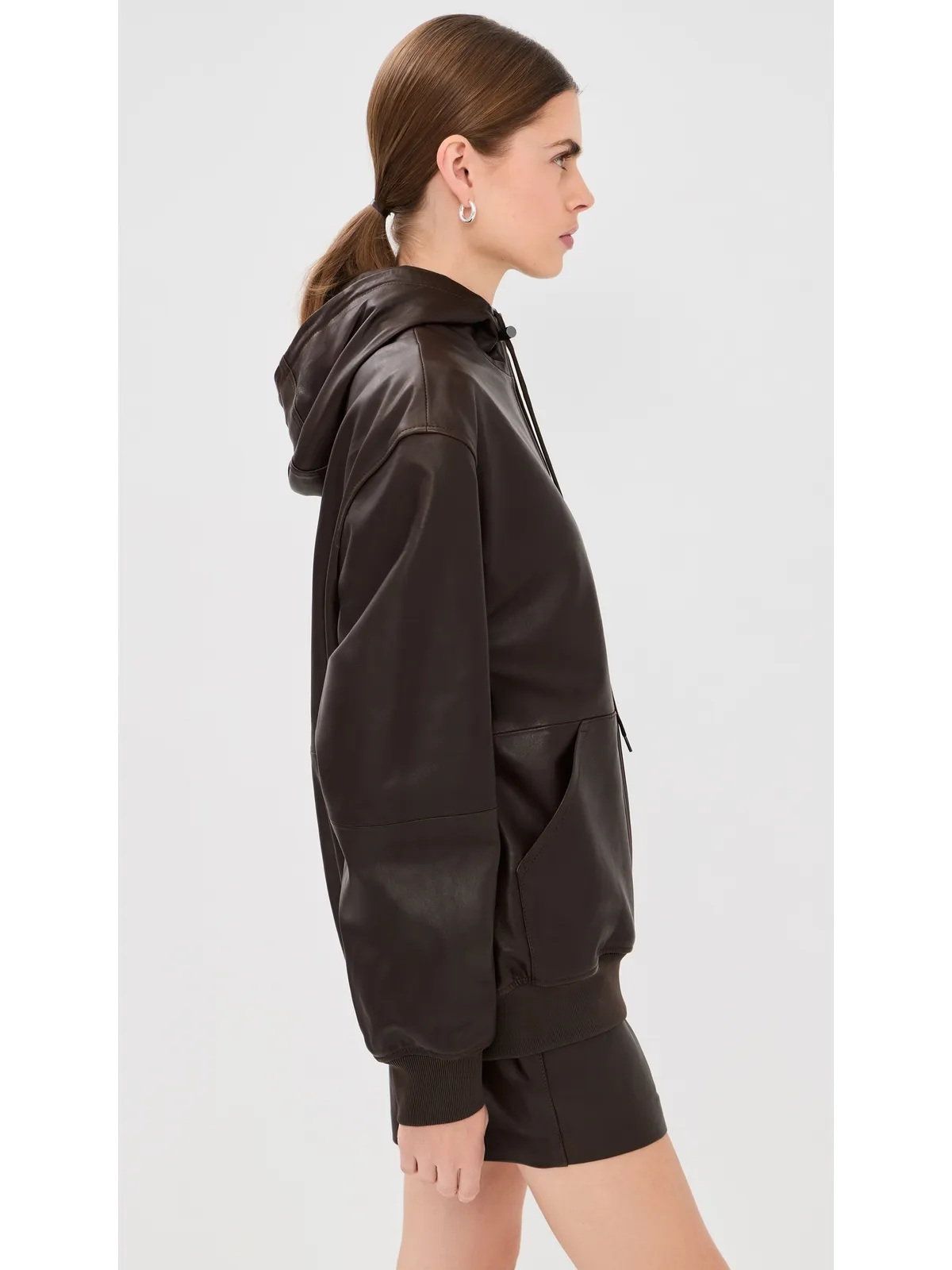 Tibi レザー ジップアップ フーディー ジャケット ブラウン - 画像4