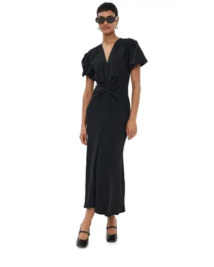 Victoria Beckham ギャザー入りVネック ミディドレス ブラック - サムネイル1
