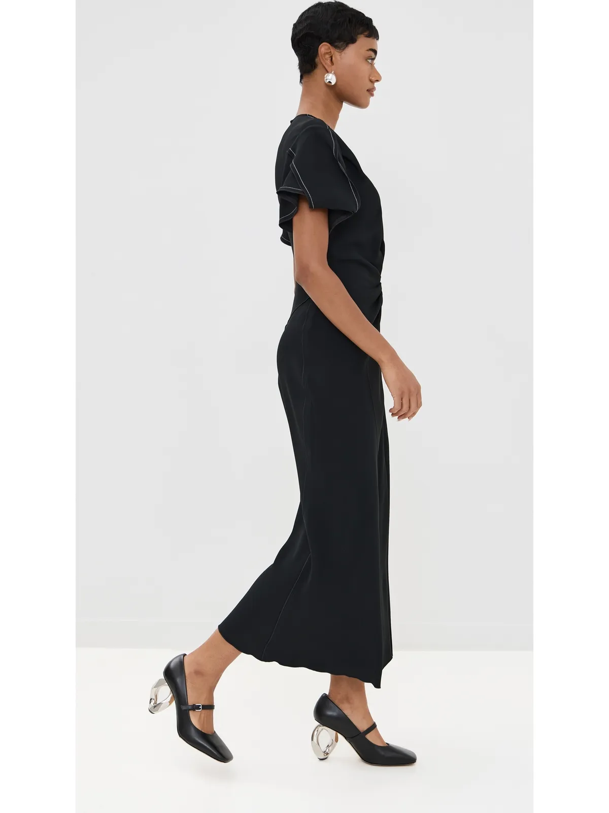 Victoria Beckham ギャザー入りVネック ミディドレス ブラック - 画像5