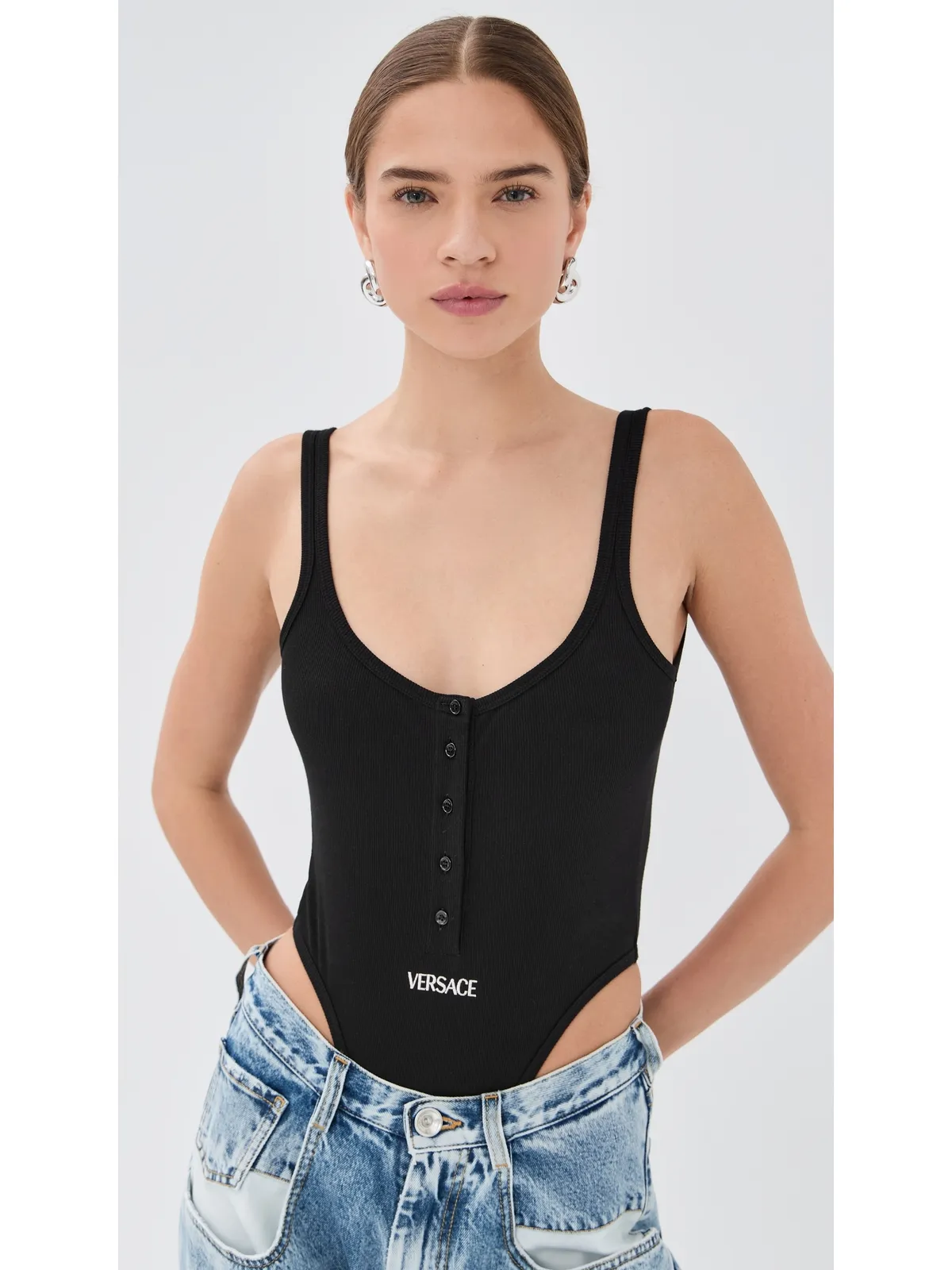 Versace バイオコットンリブ ボディスーツ ブラック - 画像3