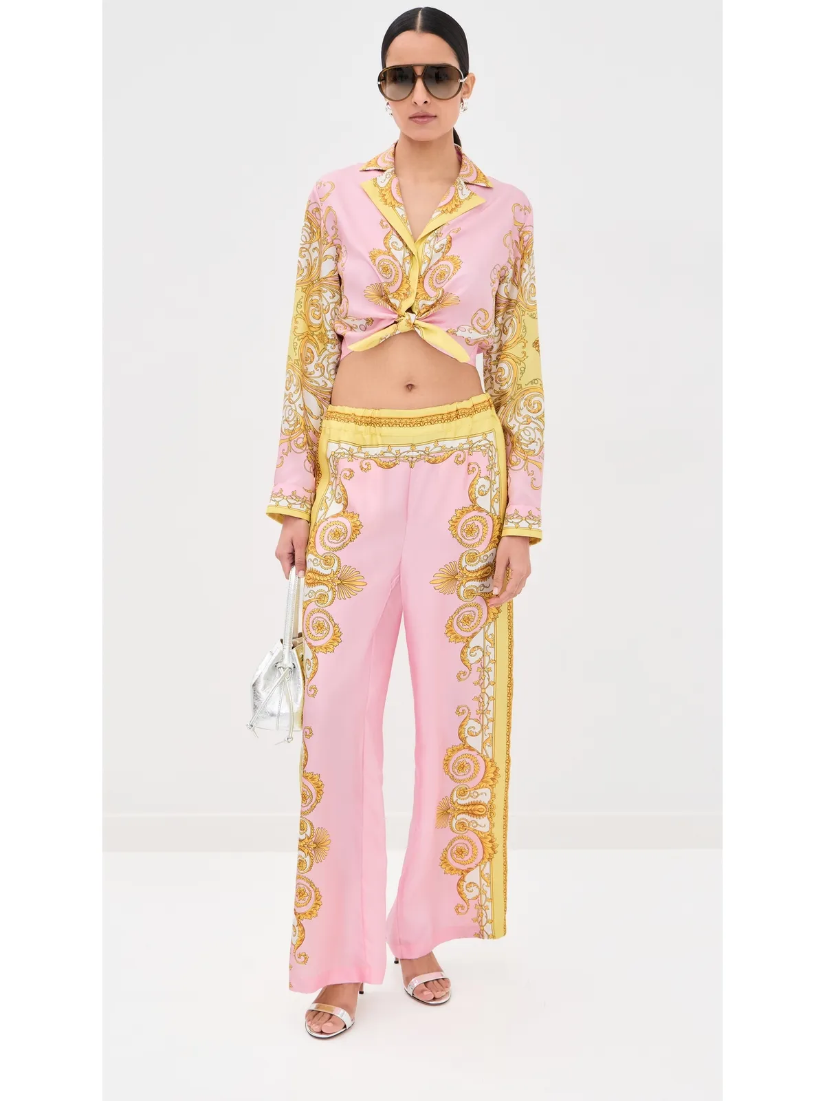 Versace ツイルプリント シルクシャツ ペールイエロー／ローズクォーツ - 画像5