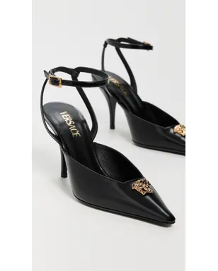 Versace T.85 カーフレザー スリングバックパンプス 1B00V-ブラック-ゴールド - サムネイル5
