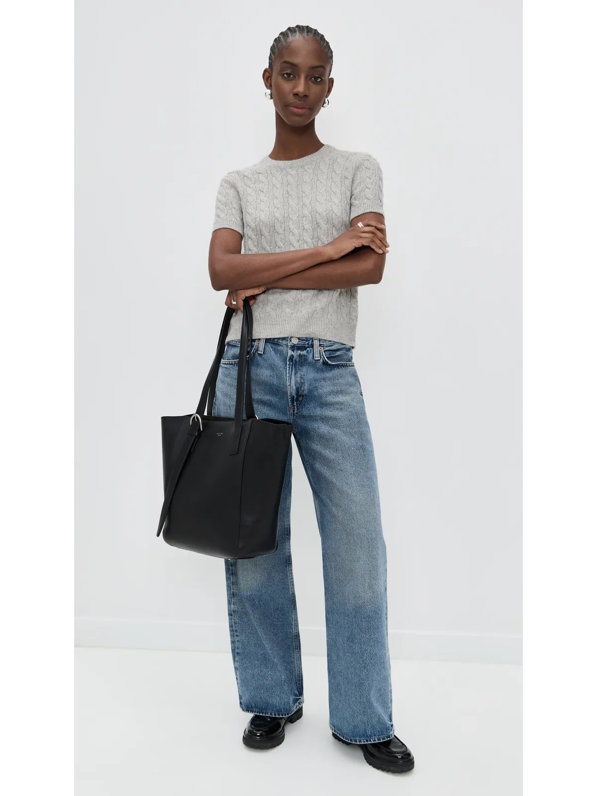 Vince キャッシュブレンド ケーブルニットTシャツ B'h Pale Grey - 画像5