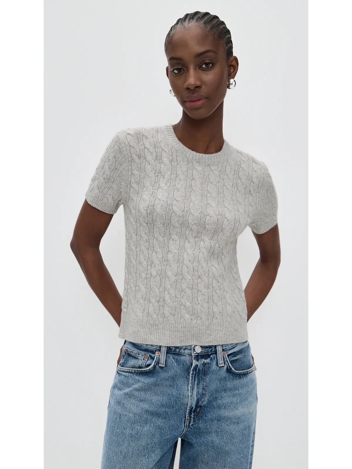 Vince キャッシュブレンド ケーブルニットTシャツ B'h Pale Grey - 画像2