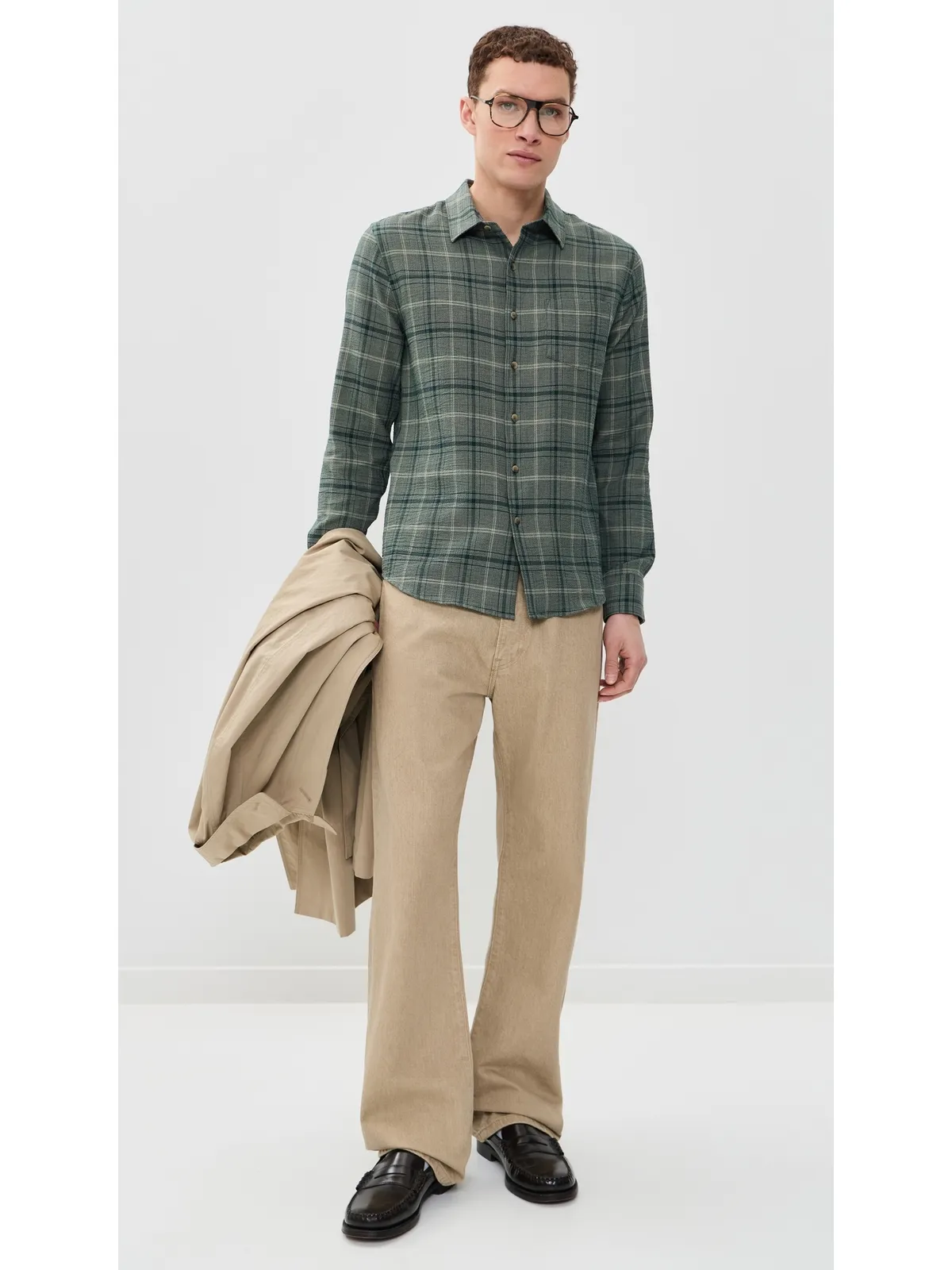 Vince キャッスキル チェック柄 長袖 フレンチプラケット シャツ 海藻色/抹茶色 M - 画像5