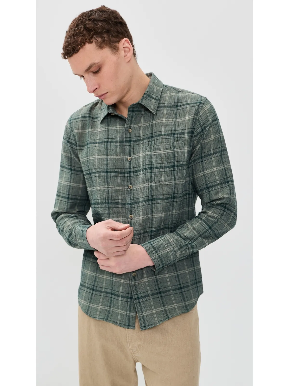 Vince キャッスキル チェック柄 長袖 フレンチプラケット シャツ 海藻色/抹茶色 M - 画像2