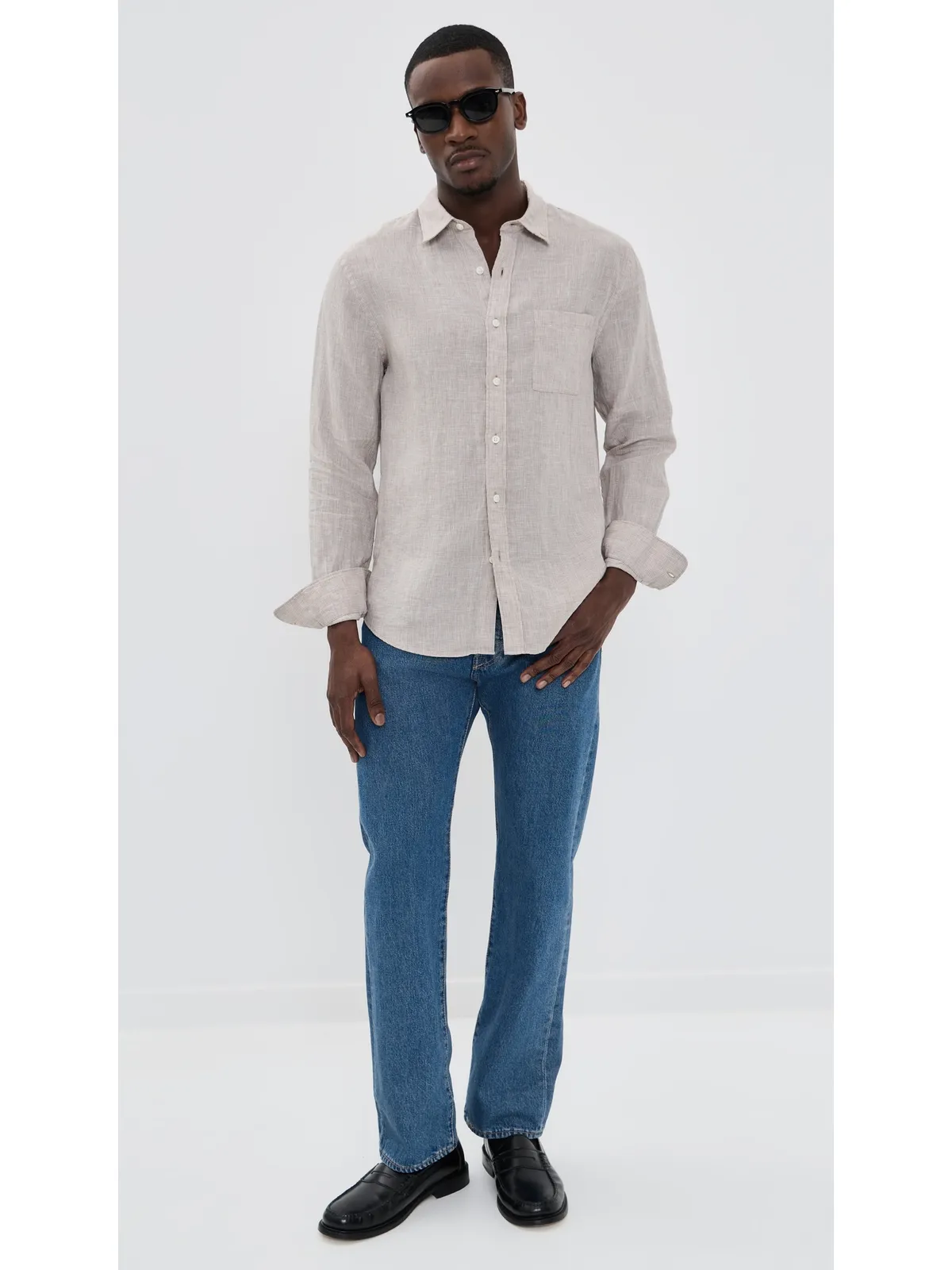 Vince クラシックフィット ロングスリーブ シャツ ティーク/オプティックホワイト - 画像5