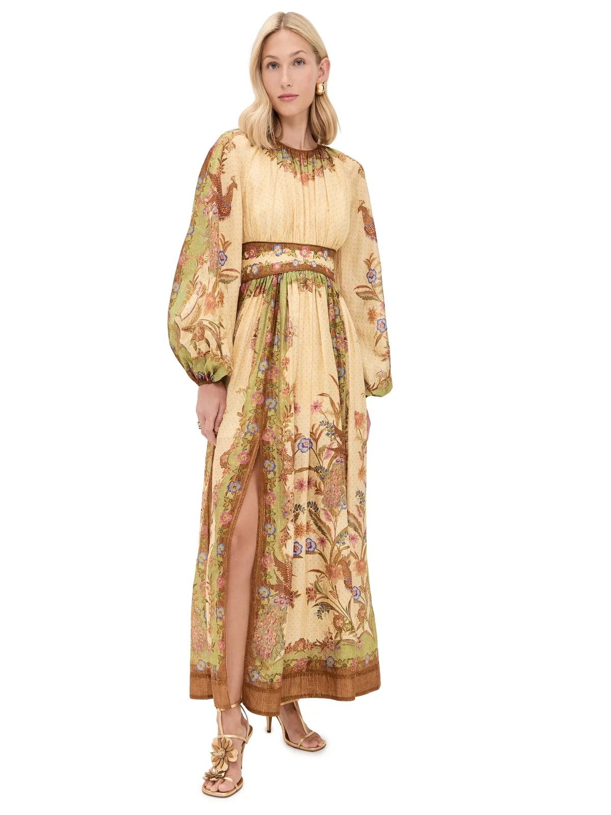 Zimmermann インドラ・ウェイステッド・マキシドレス クリーム／カーキ フローラル スカーフ付き - 画像1