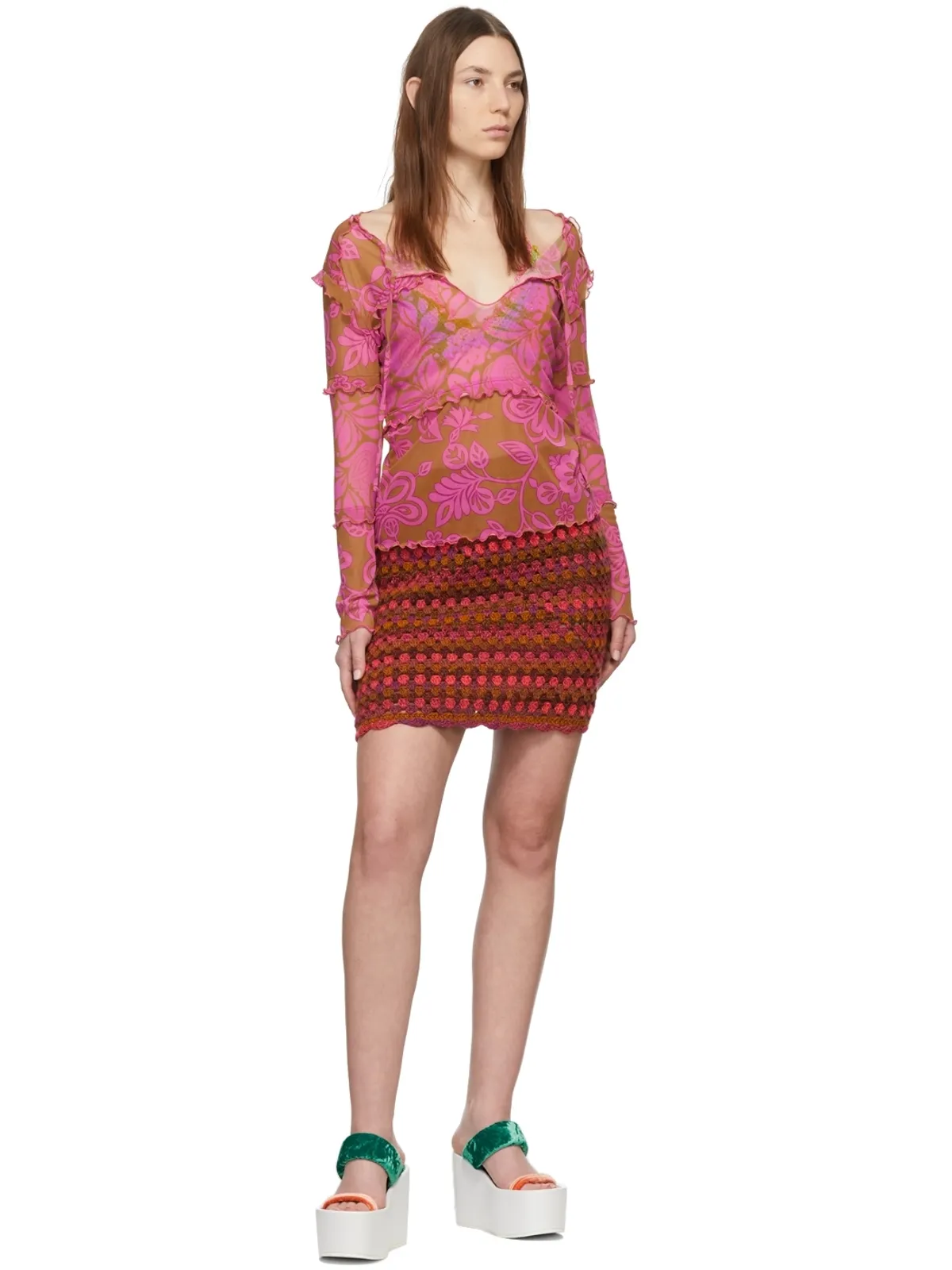 Anna Sui Konry Kエディション ピンク Ombre Crochet ミニスカート - 画像4