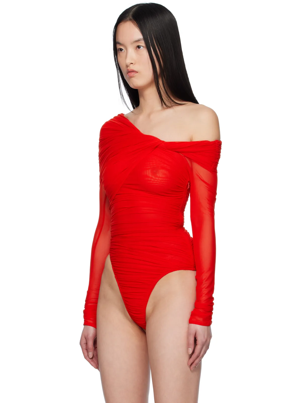 Mugler ワンショルダー ルーシュ ボディスーツ - 画像4