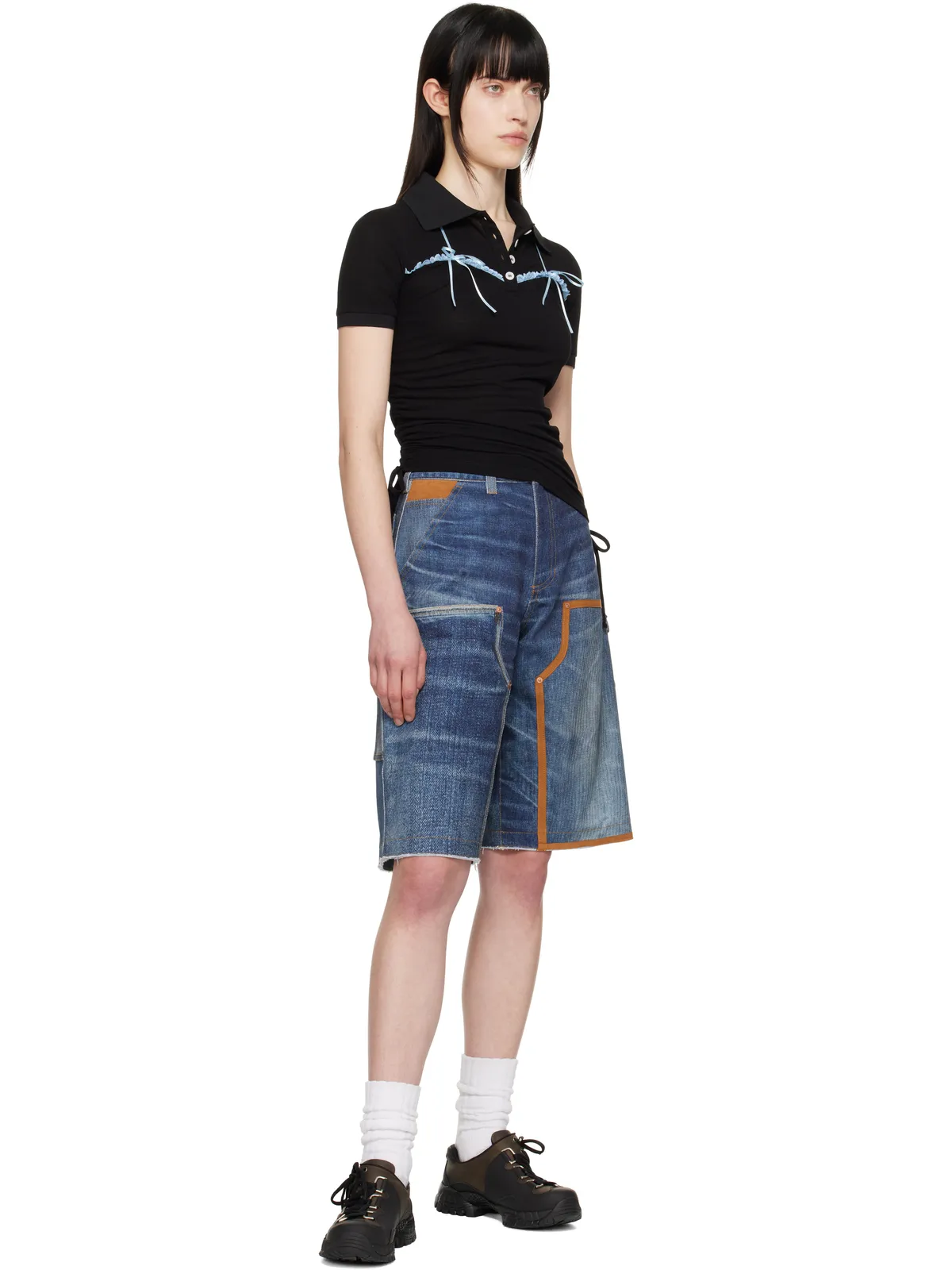 Andersson Bell トロンプルイユ ダブルニー デニムショートパンツ - 画像4