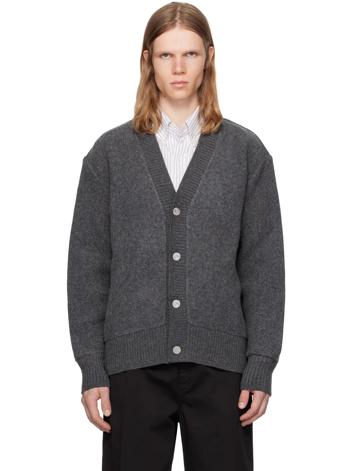 Thom Browne ウールフリース オーバーサイズ Vネックカーディガン - 画像1