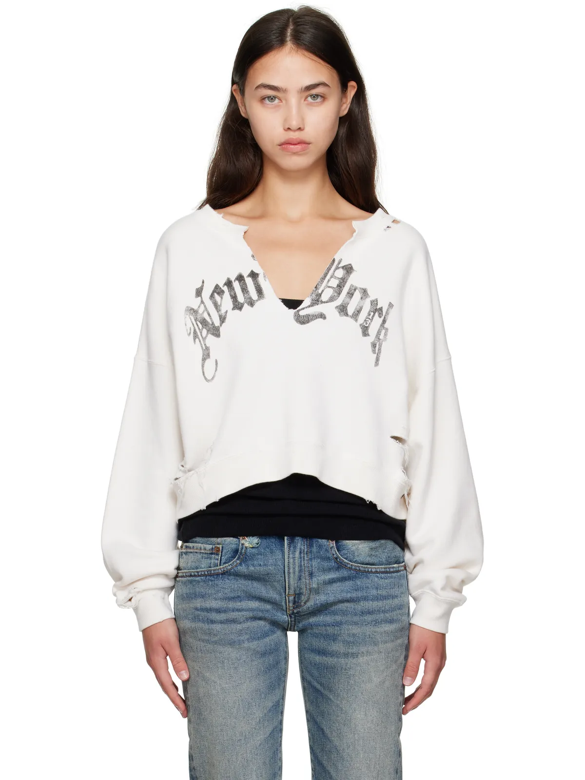 R13 SSENSE限定 'New York' Front Slit クロップド スウェットシャツ - 画像1