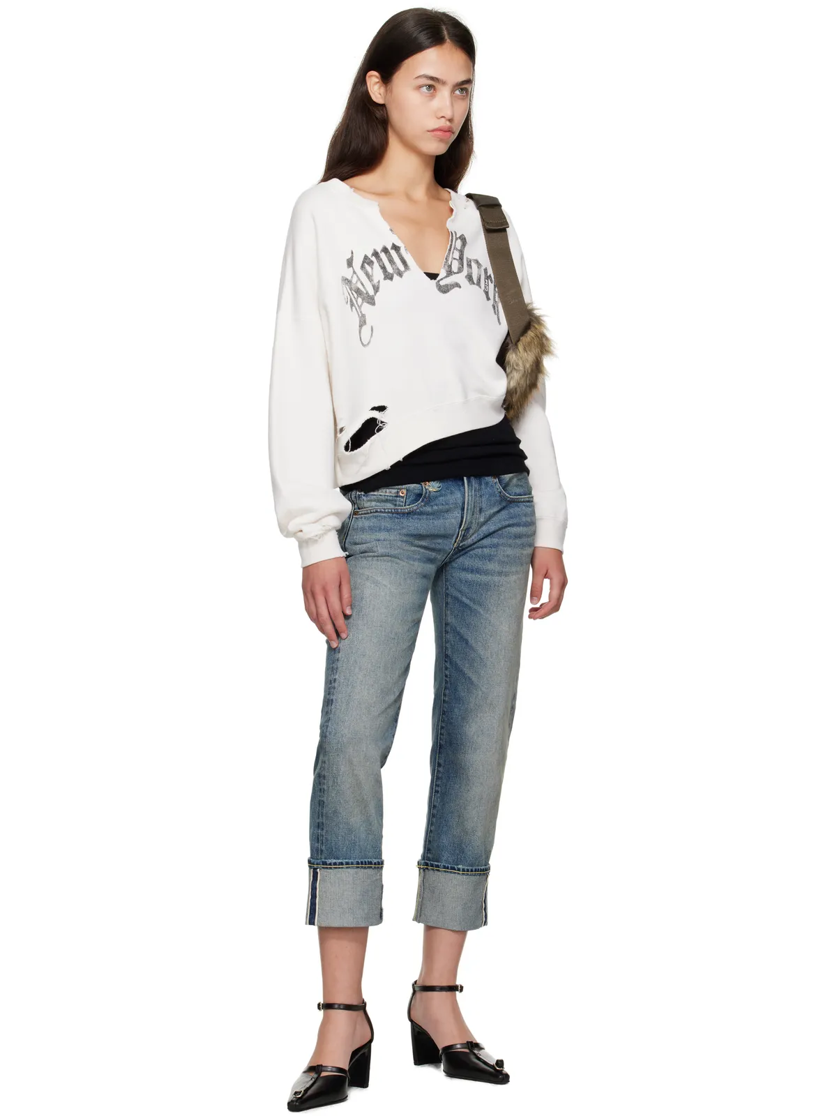 R13 SSENSE限定 'New York' Front Slit クロップド スウェットシャツ - 画像4