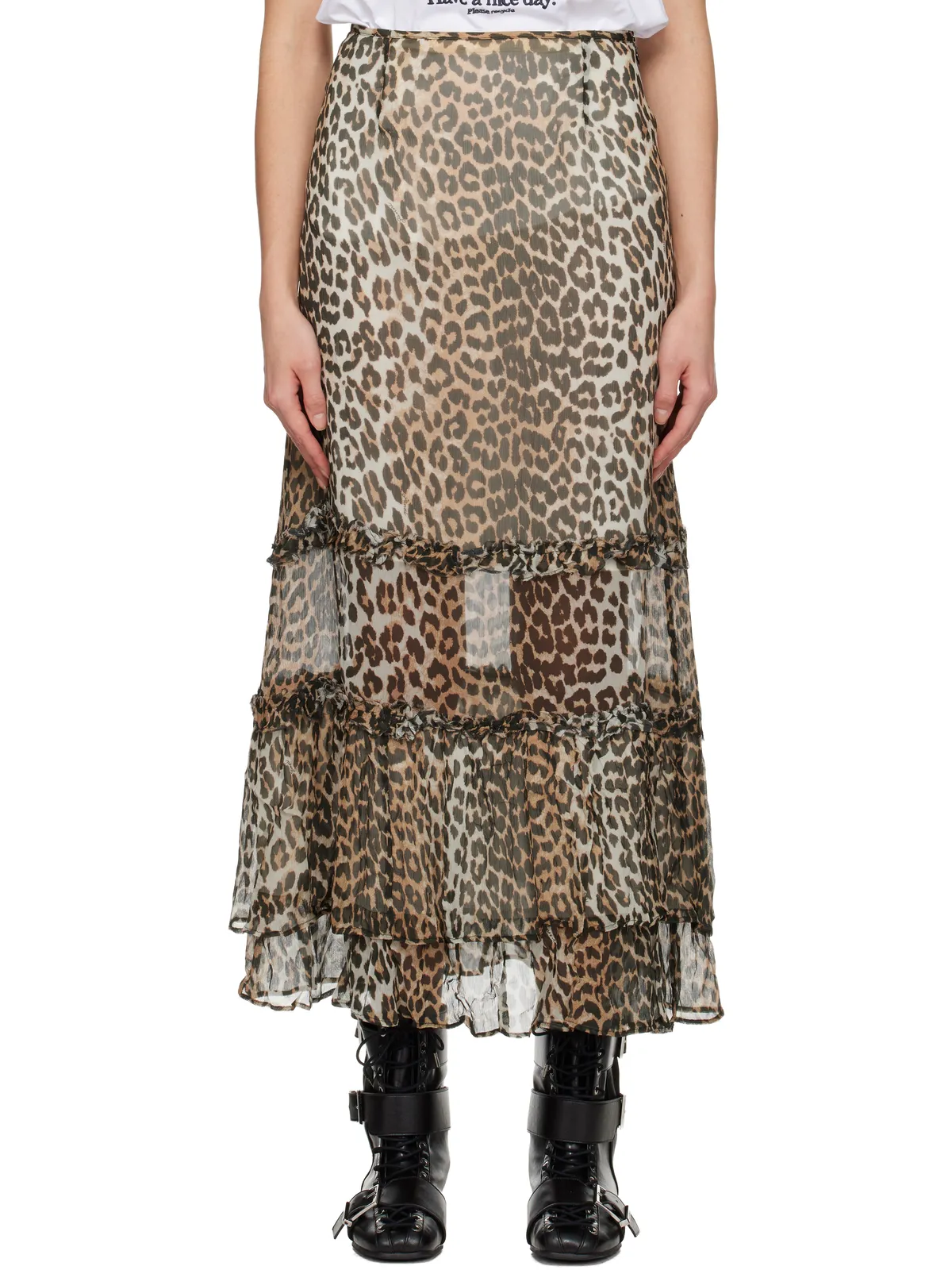 Ganni レオパード ロング シフォン ラッフル マキシスカート - 画像1