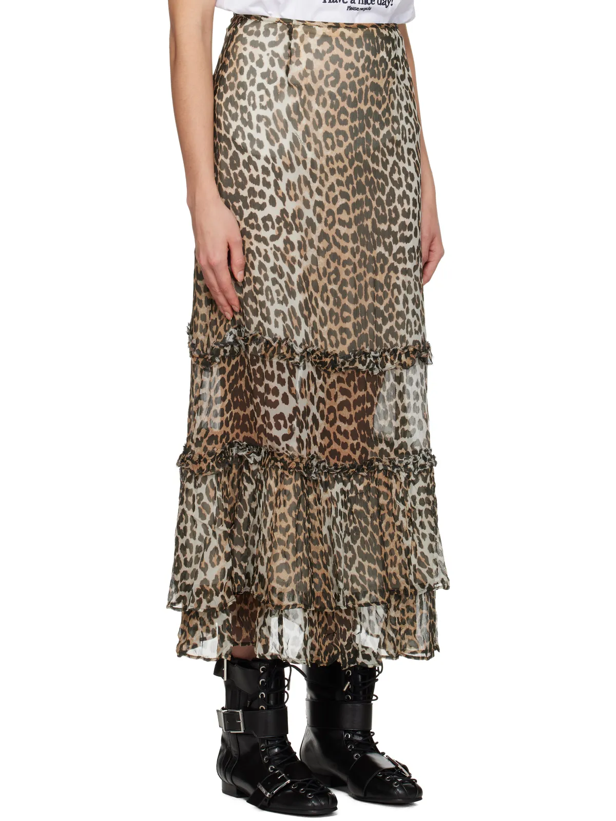 Ganni レオパード ロング シフォン ラッフル マキシスカート - 画像2