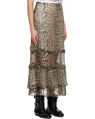 Ganni レオパード ロング シフォン ラッフル マキシスカート - サムネイル2