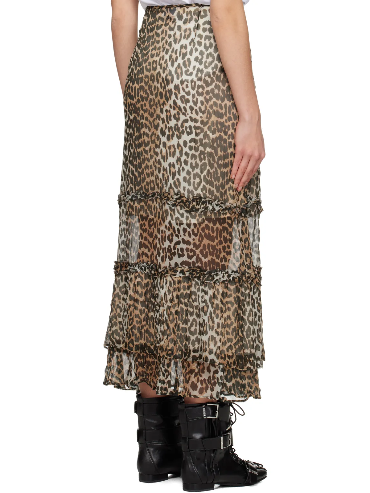 Ganni レオパード ロング シフォン ラッフル マキシスカート - 画像3