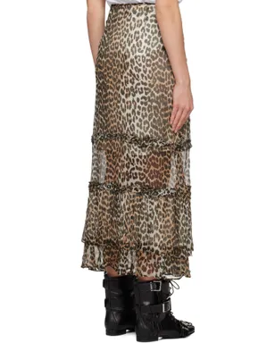 Ganni レオパード ロング シフォン ラッフル マキシスカート - サムネイル3