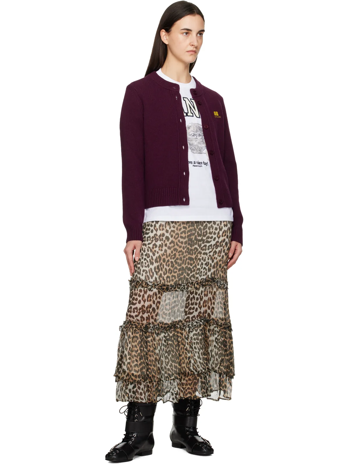 Ganni レオパード ロング シフォン ラッフル マキシスカート - 画像4