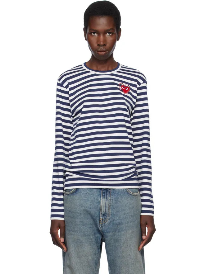 COMME des GARÇONS PLAY COMME des GARÇONS PLAY レッドハート ボーダー メタルストーン エンブレム Tシャツの商品画像