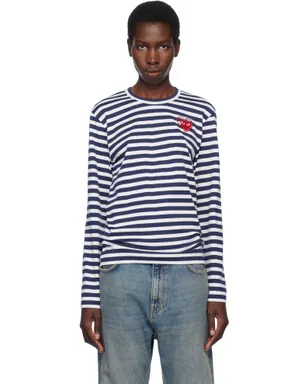 COMME des GARÇONS PLAY レッドハート ボーダー メタルストーン エンブレム Tシャツ - サムネイル1