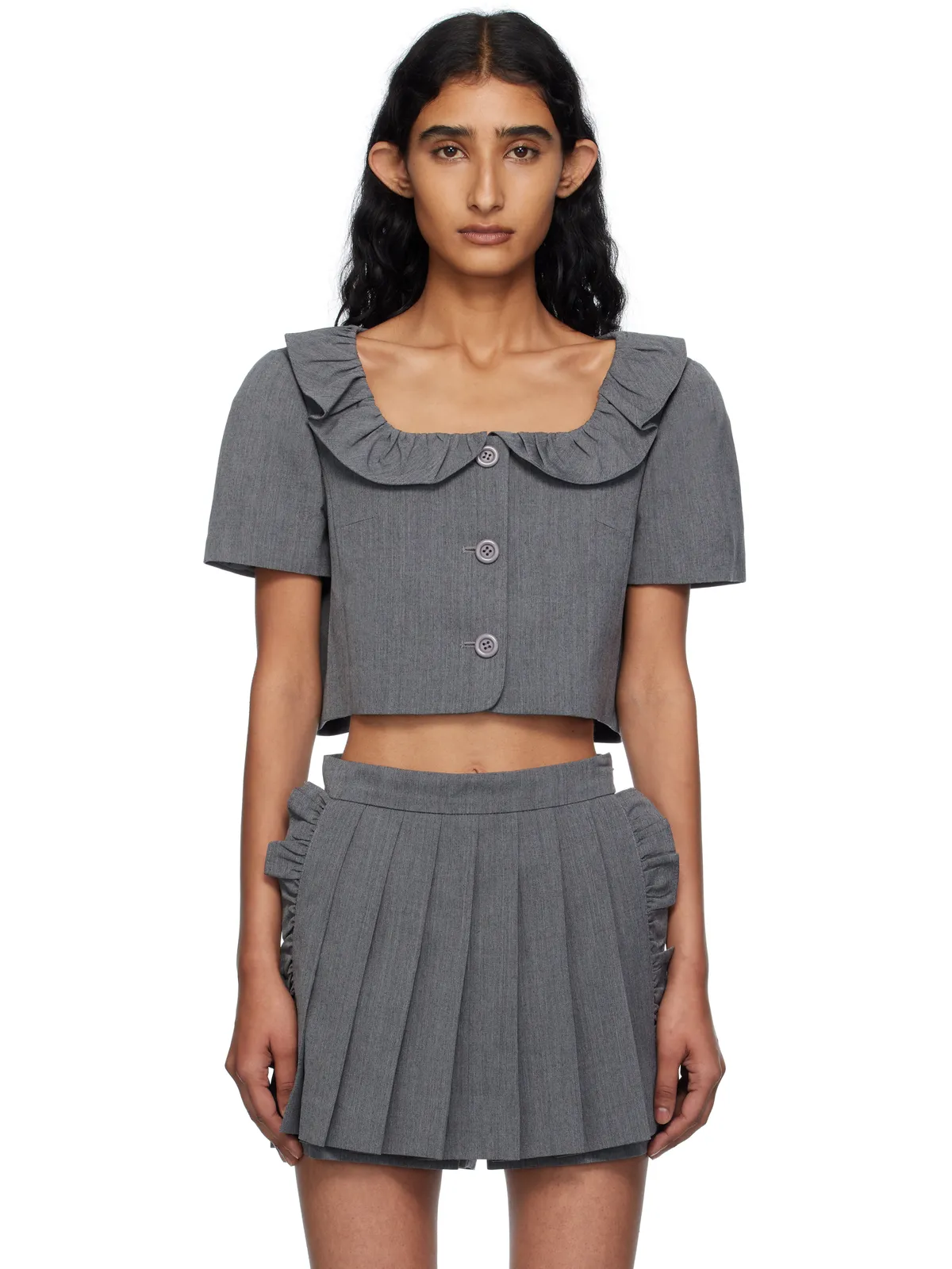Pushbutton Frilled Neck クロップド トップス - 画像1