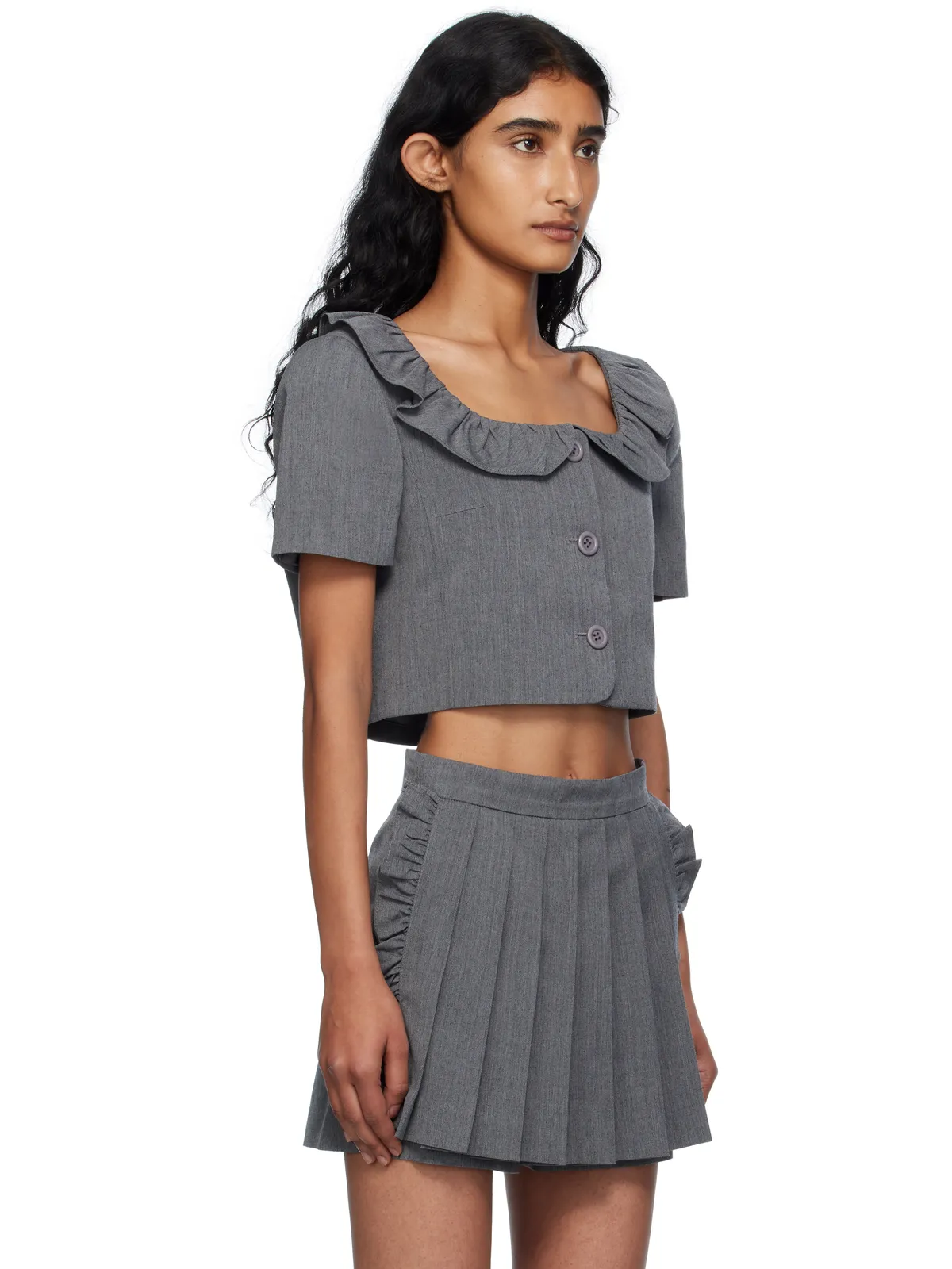 Pushbutton Frilled Neck クロップド トップス - 画像2