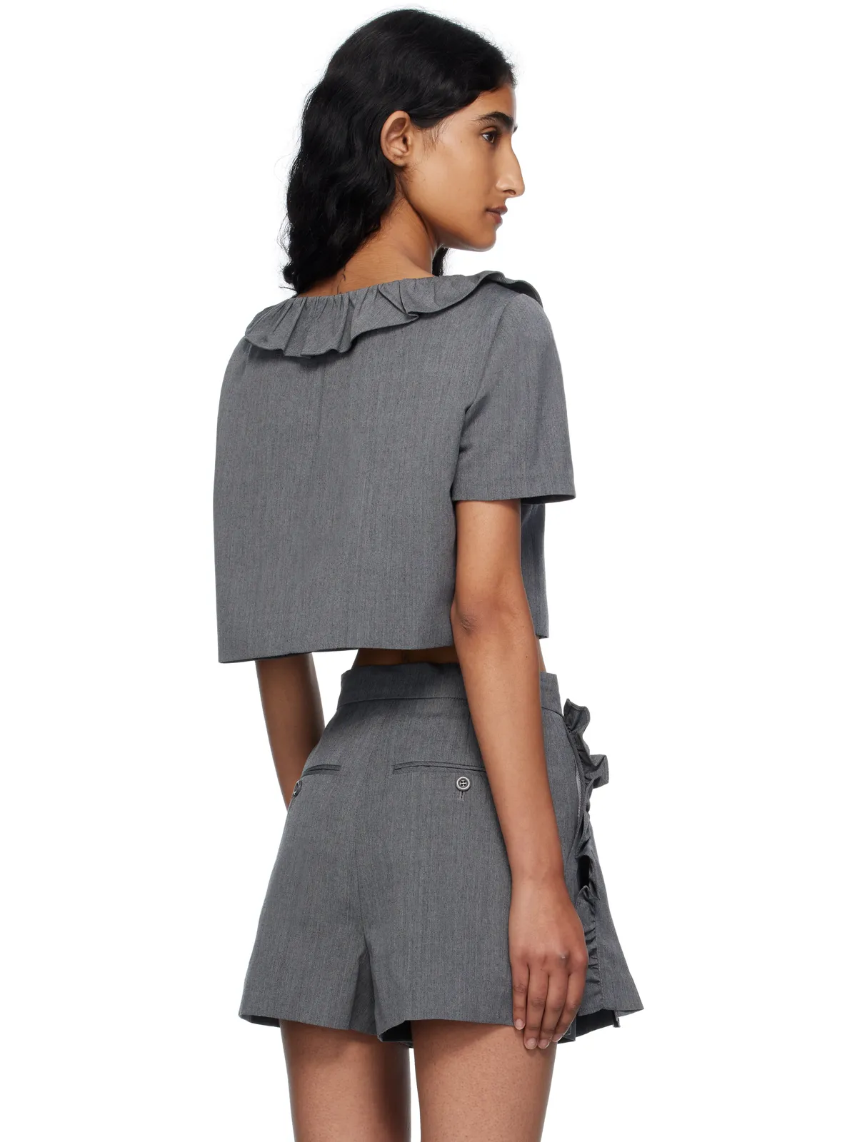Pushbutton Frilled Neck クロップド トップス - 画像3