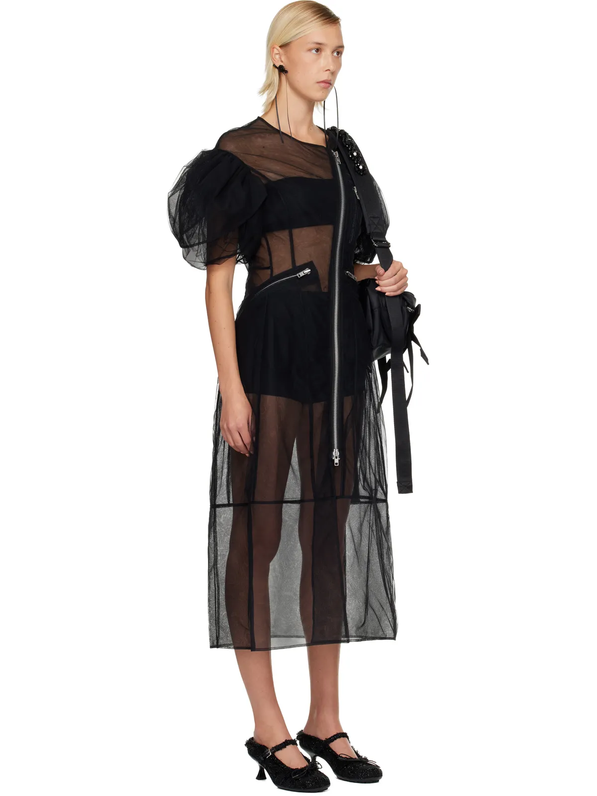 Simone Rocha Sheer Sculpted Petal Sleeve Biker ミディアムワンピース - 画像2