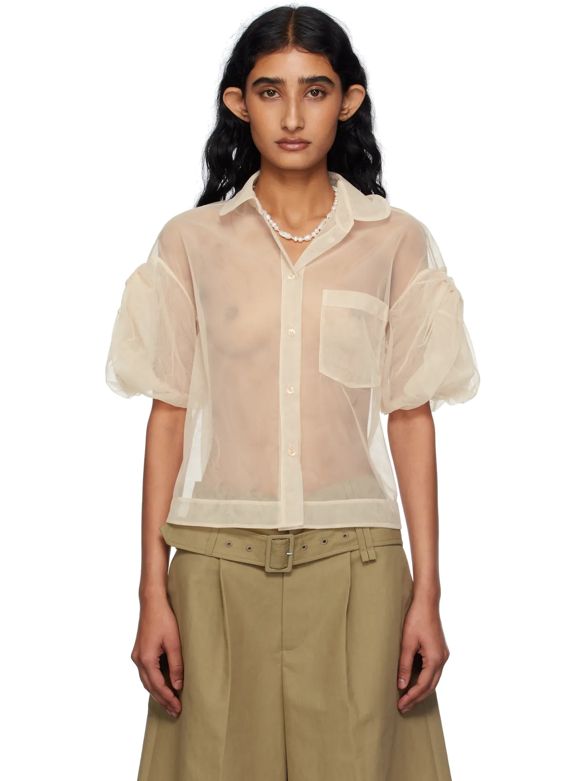 Simone Rocha Bow Puff Sleeve シアー クロップド シャツ - 画像1