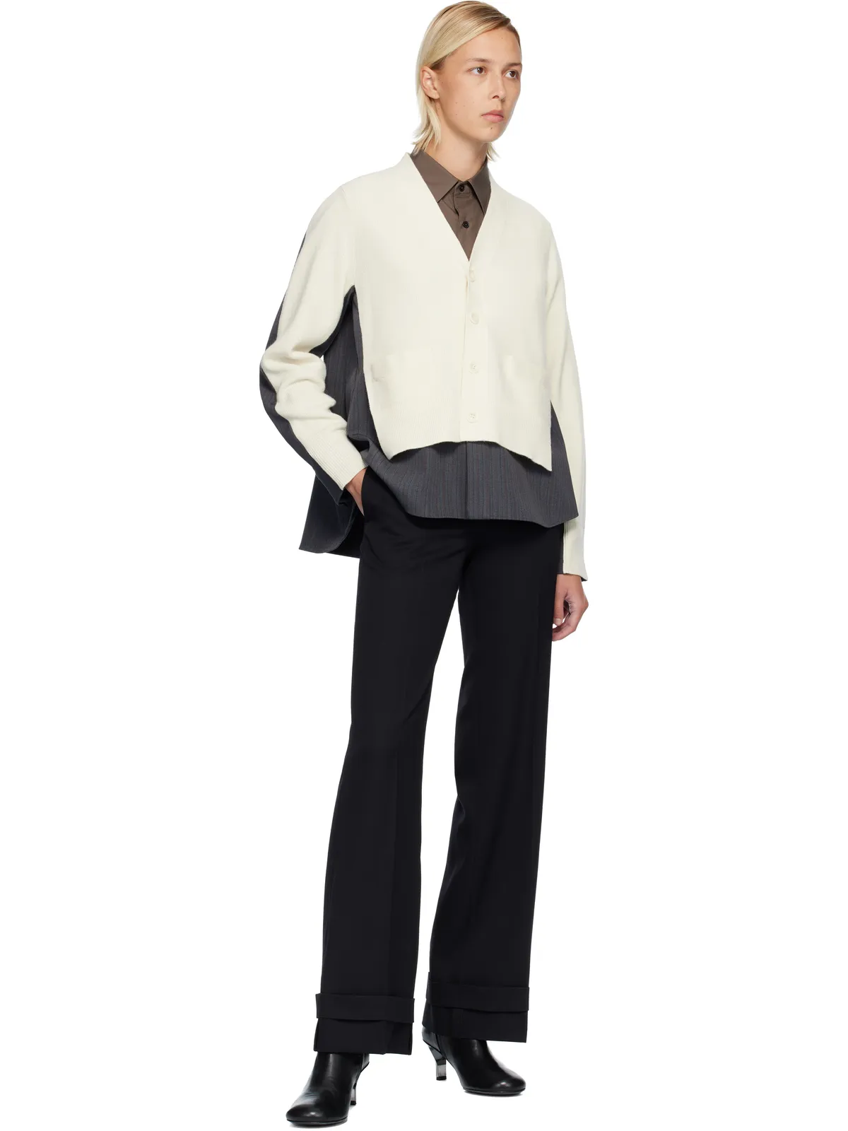 sacai ストライプ ドスキン＆ウールニット カーディガン - 画像4