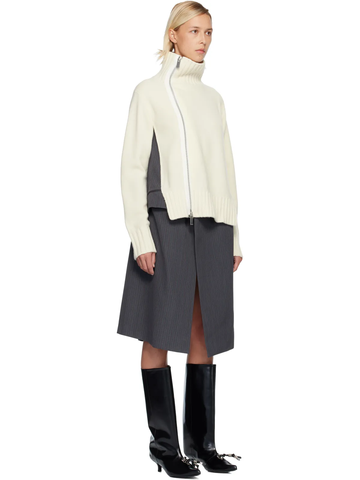 sacai ストライプ ドスキン＆ウールニット ミディアムワンピース - 画像2