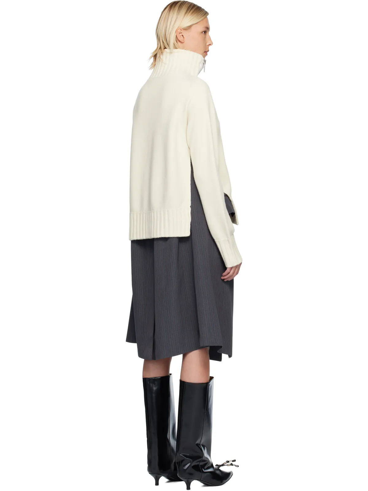 sacai ストライプ ドスキン＆ウールニット ミディアムワンピース - 画像3