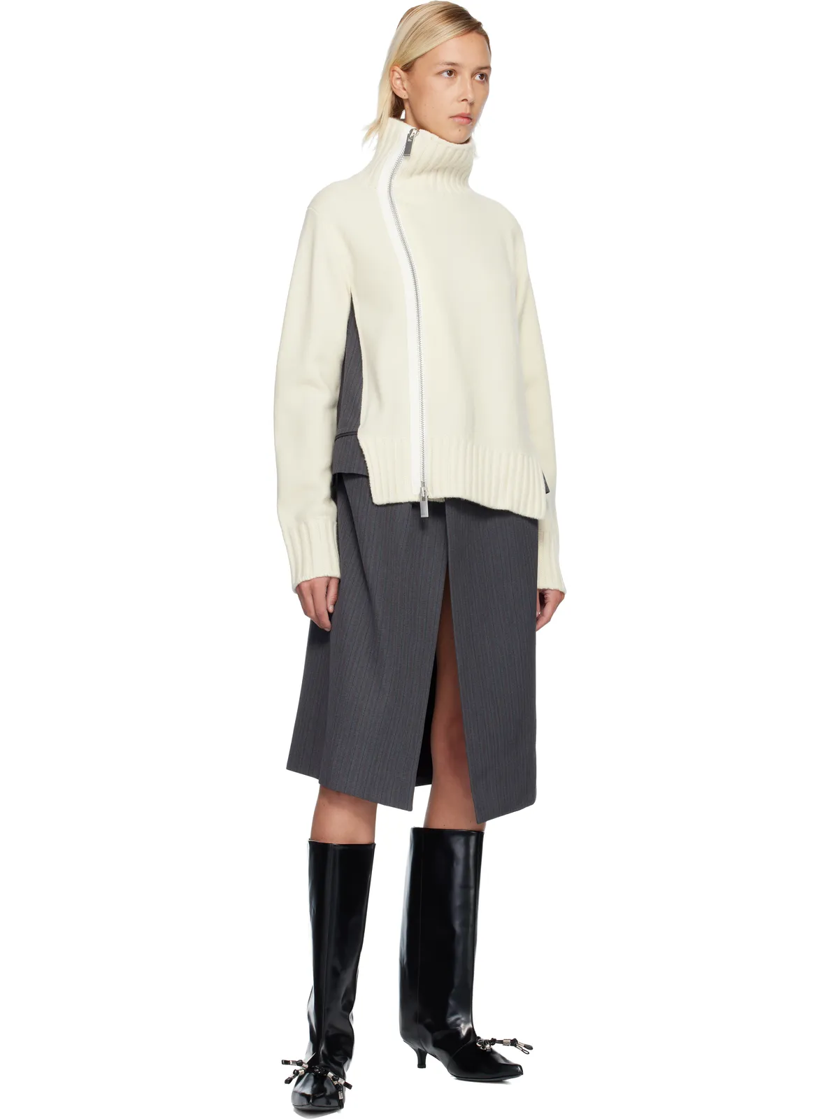 sacai ストライプ ドスキン＆ウールニット ミディアムワンピース - 画像4