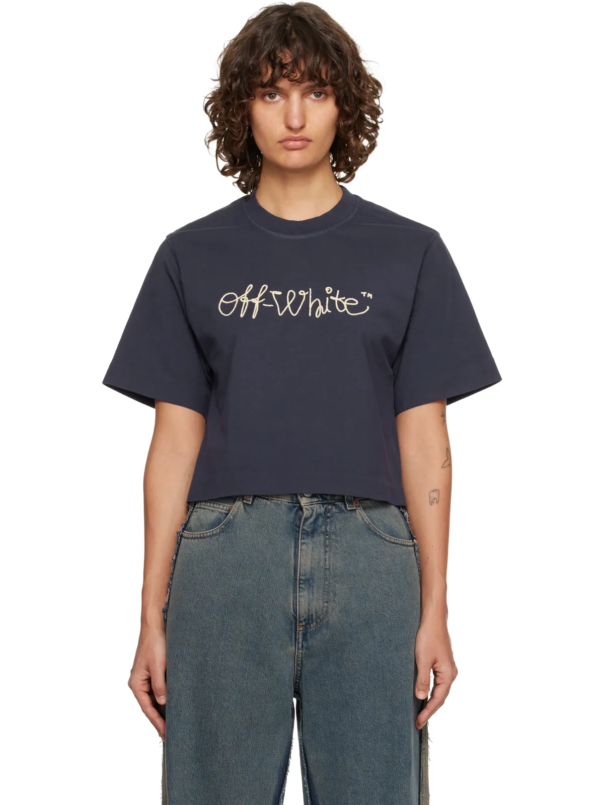 OFF-WHITE Embroidered Script Logo Crop ロゴ Tシャツ - 画像1