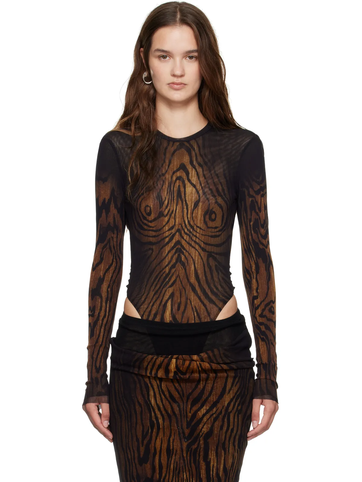 Jean Paul Gaultier Double Layer Printed Wood メッシュ ボディスーツ - 画像1