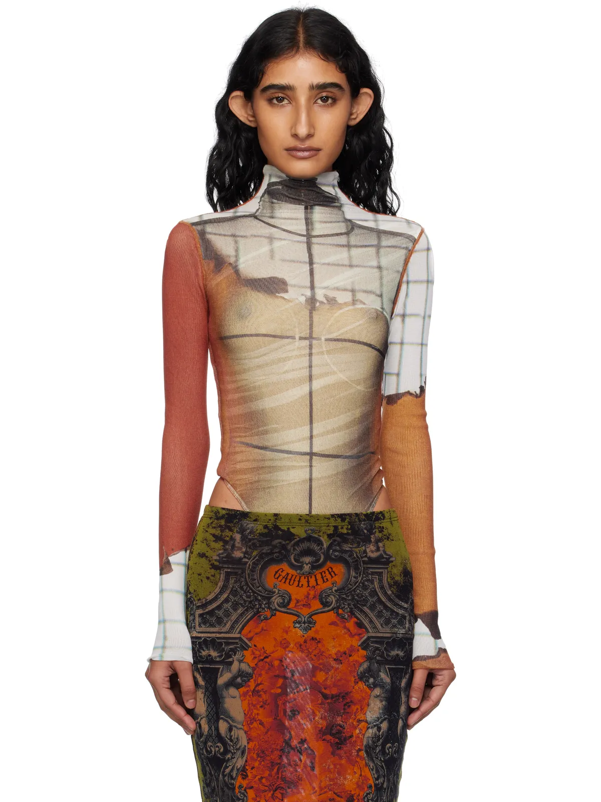 Jean Paul Gaultier Fire プリント 長袖 ツイスト ボディスーツ - 画像1