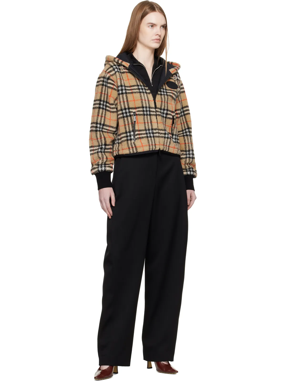 Burberry クロップド チェック フリース フード付きジャケット - 画像4