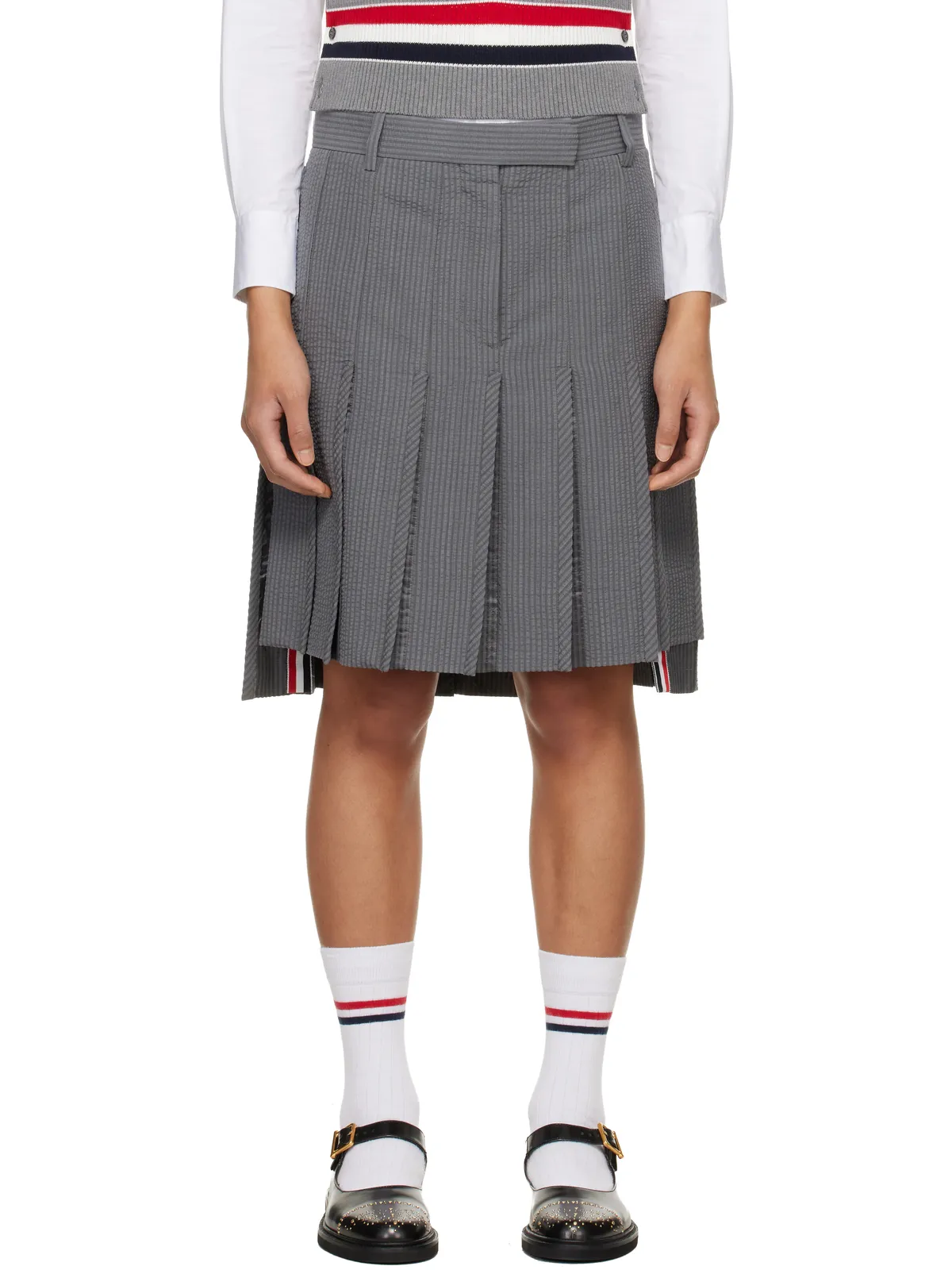 Thom Browne ウール シアサッカー プリーツ ローライズ ミニスカート - 画像1