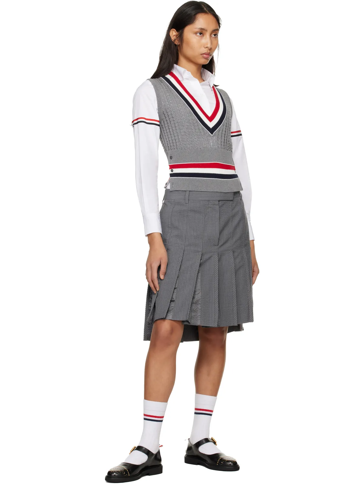 Thom Browne ウール シアサッカー プリーツ ローライズ ミニスカート - 画像4