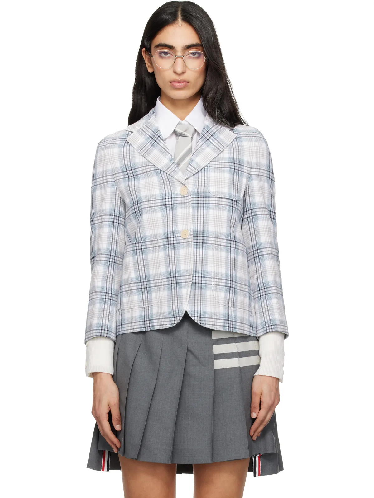 Thom Browne クロップド サック プレイド コットン テーラードジャケット - 画像1