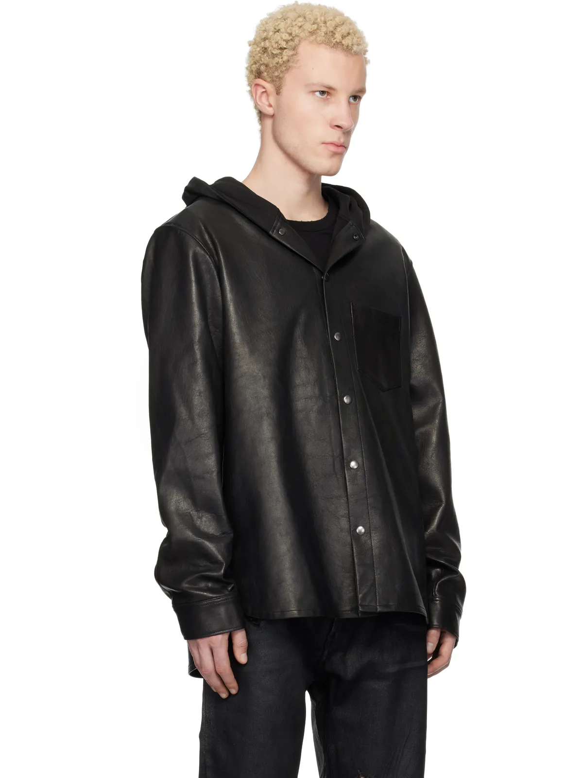 DET BLEV SENT Hooded レザーシャツ - 画像2