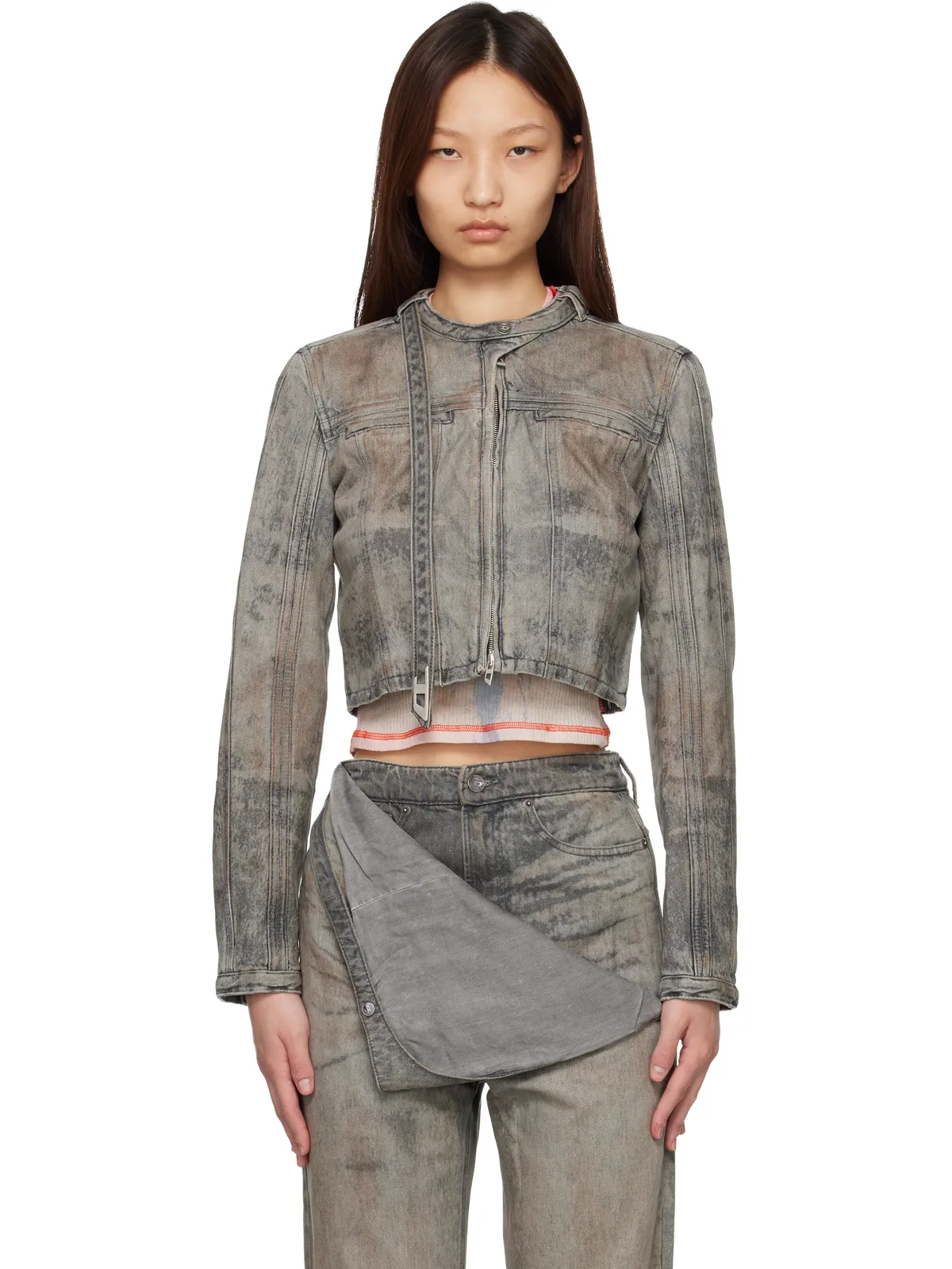 Diesel クロップド コットン ヘンプ サテン デニムジャケット - 画像1