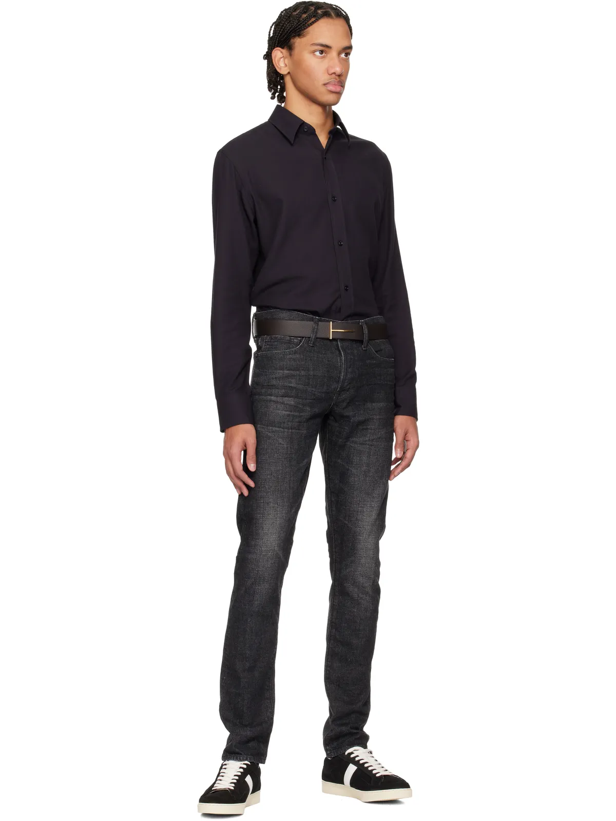 TOM FORD ブラウン＆Black T リバーシブル グレインレザー スリム ベルト - 画像2