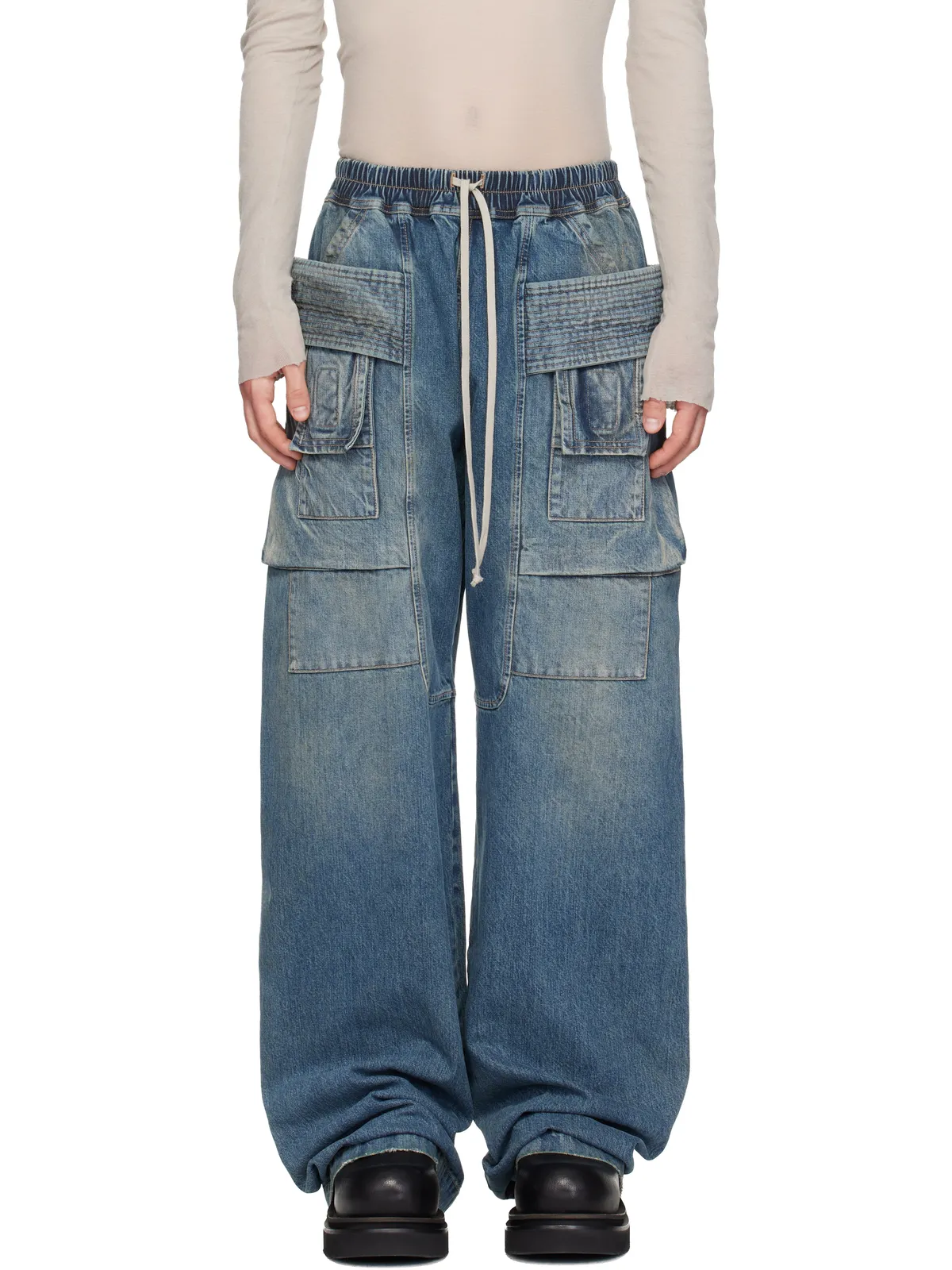 Rick Owens DRKSHDW ブルー Temple Wide Creatch カーゴジーンズ - 画像1